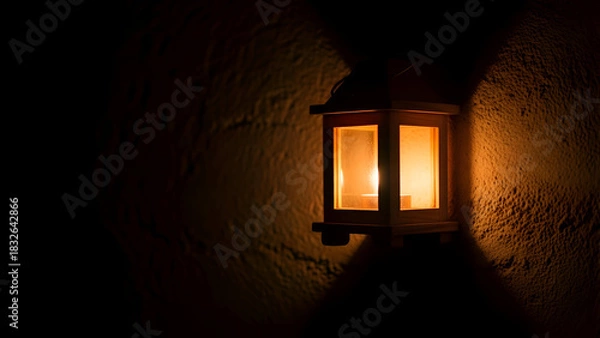 Obraz Glowing lantern casts warm light on textured wall in dimly lit room, creating a cozy and inviting atmosphere with its soft illumination.