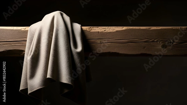 Obraz Fabric drapes over rough wooden beam in dimly lit room, creating a sense of mystery and anticipation with its soft folds and shadows.