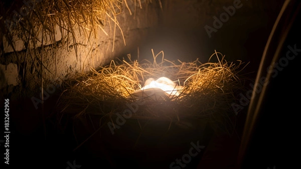 Obraz Eggs glow softly in straw nest inside dark barn, symbolizing new life and potential in the quiet stillness of the night.
