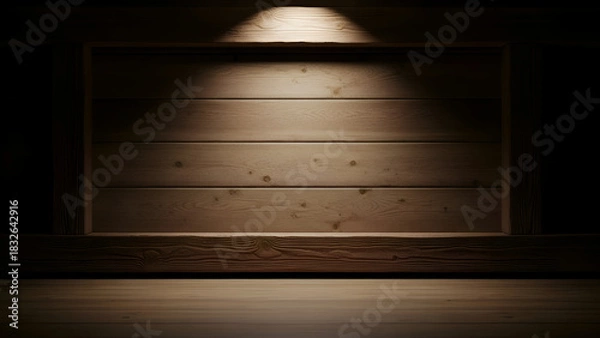 Obraz Wooden panel glows under single spotlight in dark room, creating dramatic and mysterious atmosphere with focus on texture and light play.