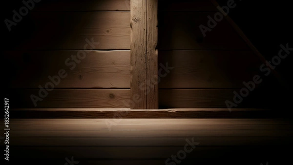 Obraz Wooden beam stands prominently in dimly lit attic space, casting shadows and creating a sense of mystery and confinement.