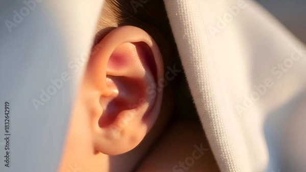Obraz Closeup of a human ear bathed in soft sunlight, highlighting its delicate structure and warm skin tone, creating a serene and intimate atmosphere.