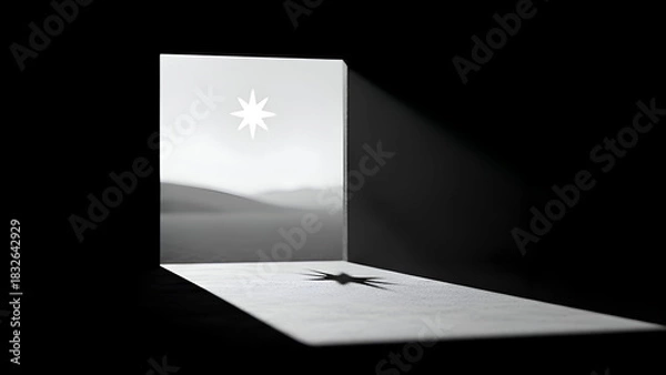 Obraz Star shines through a window onto a desert landscape, casting a shadow of a star shape on the floor in a minimalist and surreal composition.