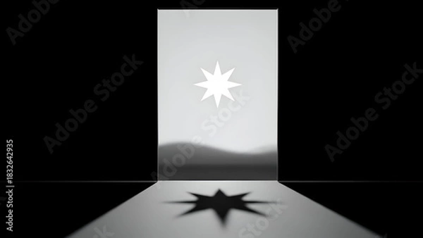 Obraz Abstract star shines brightly through open doorway revealing blurred landscape in surreal, minimalist composition creating a sense of mystery and hope.