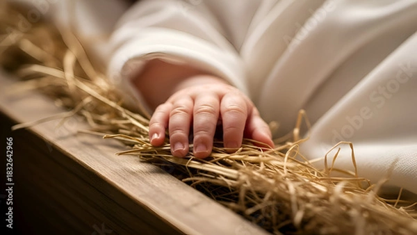 Obraz Tiny hand of newborn baby Jesus rests peacefully on straw in manger, symbolizing the humble beginning of Christmas story and the hope for salvation.