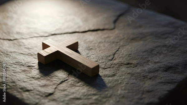 Obraz Wooden cross rests on a rough gray stone surface, symbolizing faith and spirituality in a simple, serene, and contemplative composition.