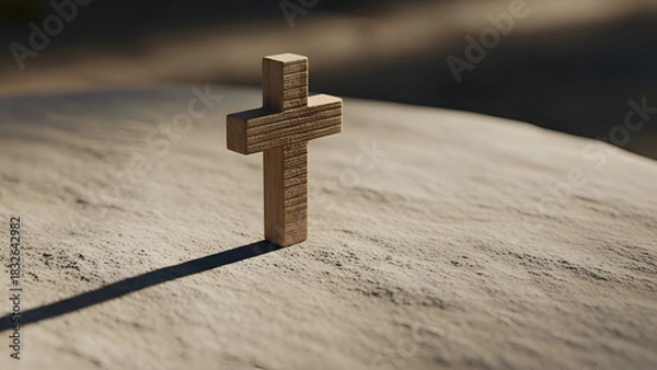 Obraz Wooden cross stands on sandy surface casting long shadow symbolizing faith and hope in simple yet powerful spiritual scene.