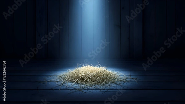 Fototapeta Pile of straw sits alone under a single spotlight in a dark wooden barn, evoking a sense of anticipation and quiet reverence.