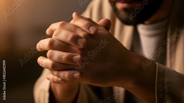 Obraz Man praying with hands clasped together in quiet room seeking guidance and solace through faith and spiritual connection in a moment of reflection and hope.
