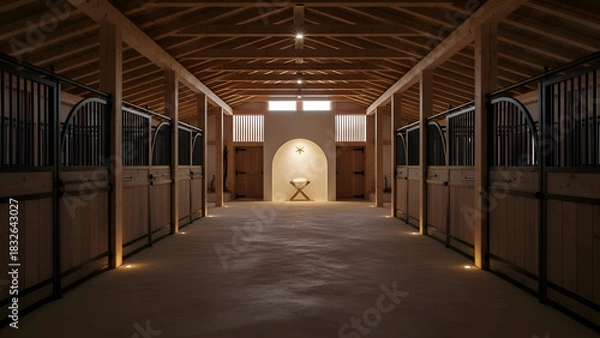 Obraz Empty horse stable showcases wooden stalls and arched alcove with book in center, creating peaceful and serene atmosphere.