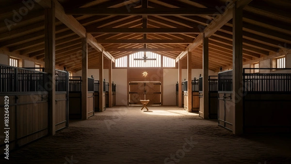 Obraz Empty horse stable stands peacefully with wooden beams and stalls under soft light, creating a serene and inviting atmosphere for equestrian activities.