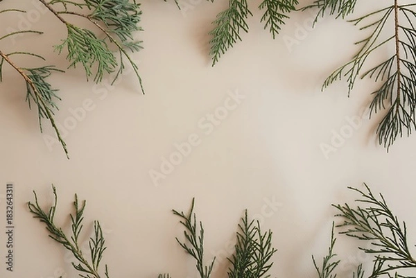 Fototapeta Elegant evergreen branches frame a calming neutral background, perfect for stylish holiday cards and winter season promotions with a natural, minimalist design
