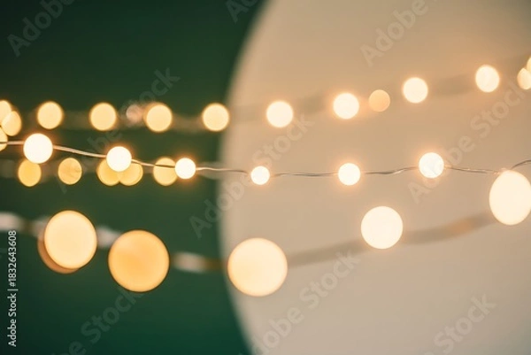 Fototapeta Create a warm ambiance with these beautiful string lights glowing against a dark green and cream backdrop, perfect for cozy nights or festive celebrations