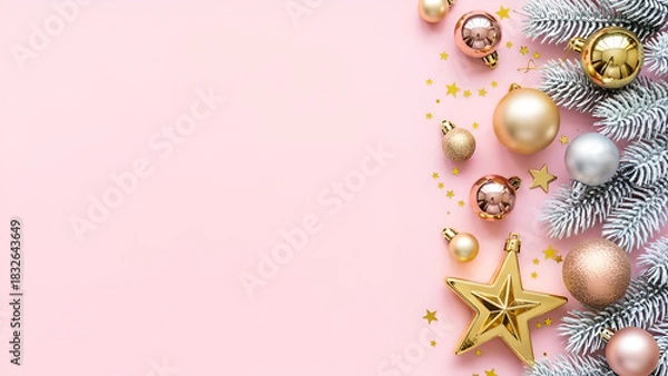 Fototapeta Elegant Christmas Border with Gold and Pink Ornaments on Light Pink Background