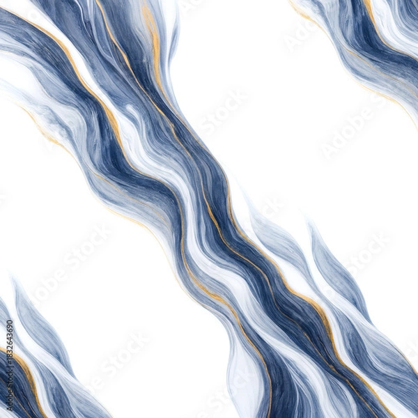 Fototapeta Abstract luxury background with flowing blue watercolor waves and golden lines on white. Modern fluid art marble texture for wedding invitation, minimalist packaging, or elegant design template with c