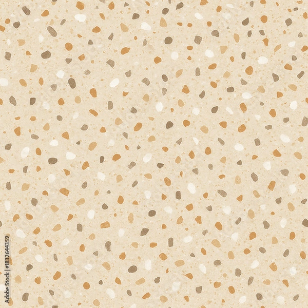 Fototapeta Seamless beige terrazzo texture background with brown and orange stone chips. Modern Venetian floor pattern surface with scattered granite fragments for interior design, ceramic tiles, wallpaper, or a