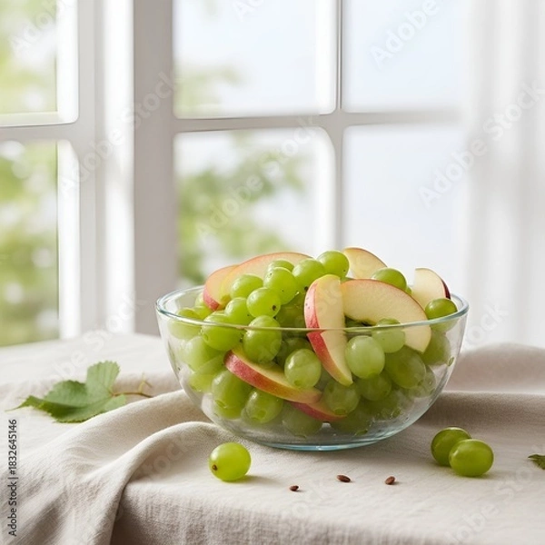 Obraz Crisp Green Grapes and Sliced Apple in Glass Bowl on Minimal Linen Tablecloth, Bathed in Natural Daylight
