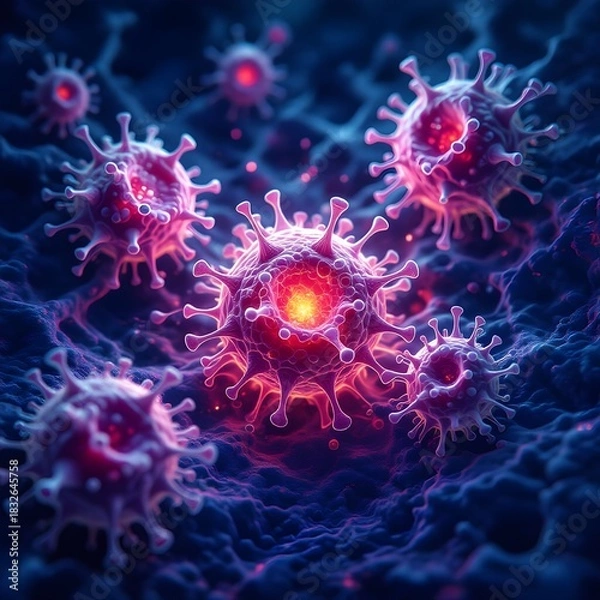 Fototapeta Abstract cancer cells glowing in a dark biological environment, symbolizing disease growth, mutation, and the hidden battle inside the human body