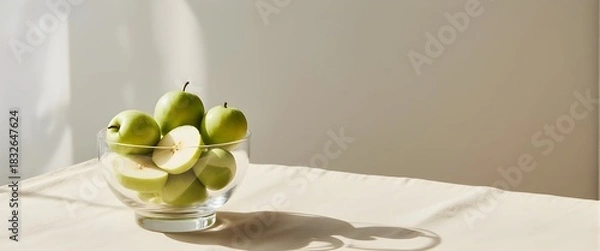 Obraz Crisp Green Grapes and Sliced Apple in Glass Bowl on Minimal Linen Tablecloth, Bathed in Natural Daylight