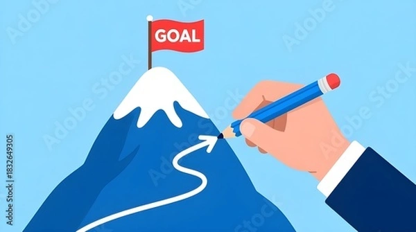 Fototapeta Motivation and Goal Achievement Illustration with Mountain Path and Flag - snowcapped summit,  ambition, success, achievement, concept