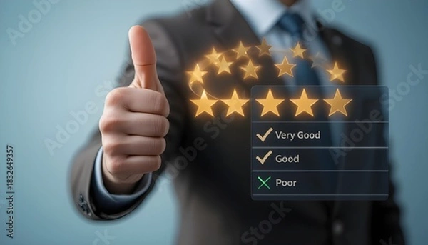 Fototapeta Business Rating Concept with Thumbs Up and Five Star Review - good, tick mark, check, stars, feedback, corporate, evaluation, review