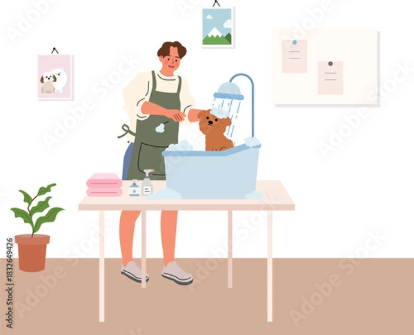 Fototapeta Flat Vector Illustration of Dog Grooming with Soap and Tub
