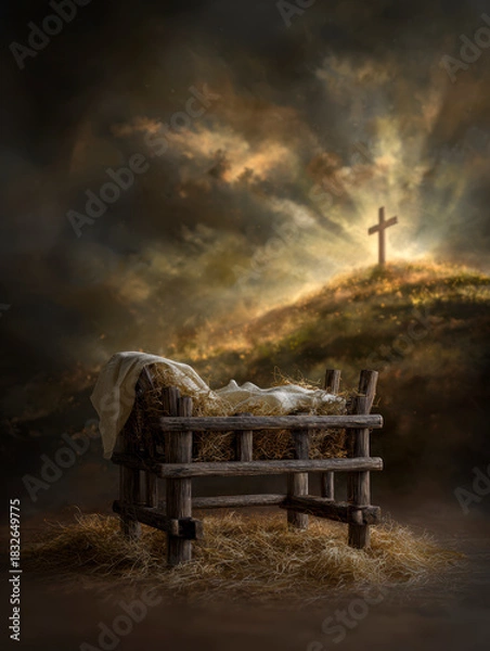 Obraz Empty Manger with Cross on the Hill – AI Generative