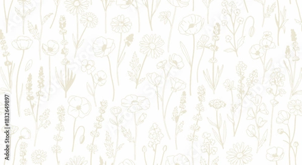 Fototapeta Delicate botanical pattern featuring hand-drawn wildflowers and foliage for seamless fabric or