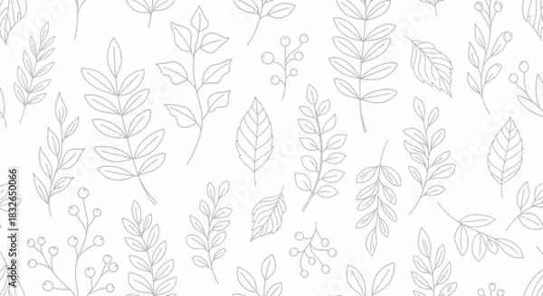 Fototapeta Delicate Line Art of Various Botanical Leaves and Branches in Monochrome Style for Elegant Design