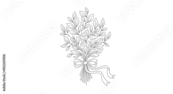 Fototapeta Elegant line art depiction of a delicate bouquet of leafy branches tied with a ribbon for