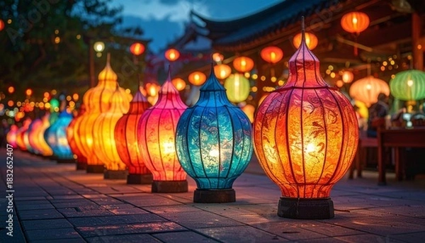 Fototapeta Luztopía festival: Close-up Row of Unique, Colorful Lantern Sculptures on Pavement Against a Dark Backdrop.