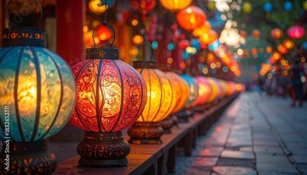 Fototapeta Luztopía festival: Beautiful Low-Angle Shot of Lined Up Glowing Lanterns with Detailed Patterns at Festival Plaza.