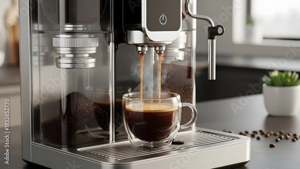 Fototapeta automatic espresso machine brewing coffee into glass cup with steam rising on kitchen counter