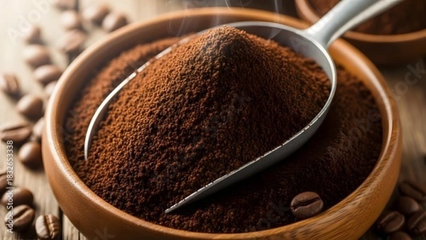 Fototapeta bowl of ground coffee with metal scoop surrounded by scattered beans on wooden surface closeup view