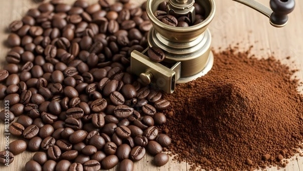 Fototapeta manual coffee grinder with beans and ground coffee on wooden surface closeup view