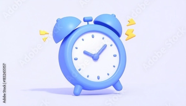 Obraz Vintage blue alarm clock in 3d icon with white face and metal bells, isolated object for morning wake-up and deadline reminder