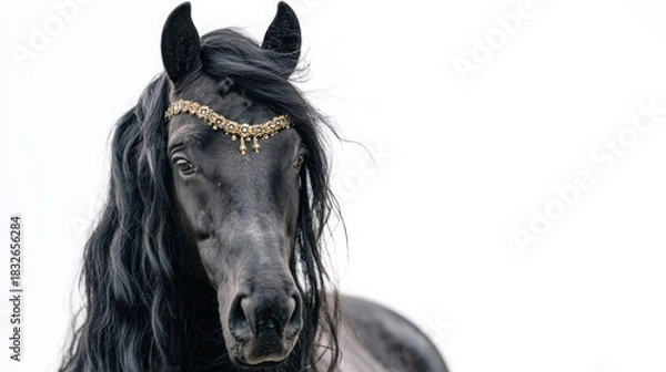 Obraz Elegant black horse portrait with fantasy gold jewelry. Friesian stallion with long mane on a white background with copy space