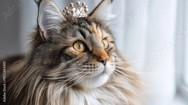 Obraz A majestic Maine Coon cat wearing a royal crown. Close-up portrait of a fluffy tabby feline with amber eyes. Pampered pet and luxury animal concept