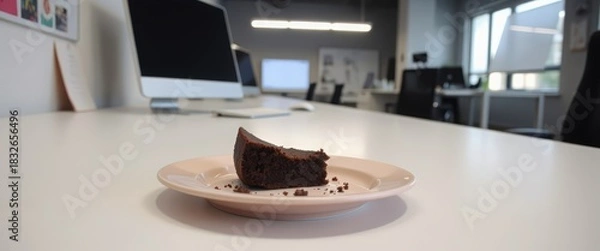 Obraz Slice of chocolate cake on a desk in a modern office. Sweet snack during a work break in a corporate environment with copy space