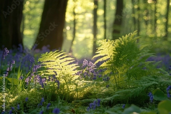 Fototapeta A serene forest scene with a variety of flora and fauna, including towering trees, vibrant wildflowers, and a tranquil stream.