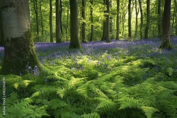 Fototapeta A lush forest with vibrant blue flowers and towering trees, creating a serene and tranquil atmosphere.