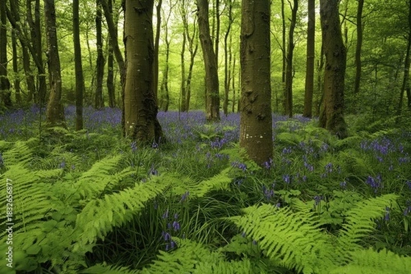 Fototapeta A lush forest with tall trees and vibrant blue flowers, creating a serene and tranquil atmosphere.