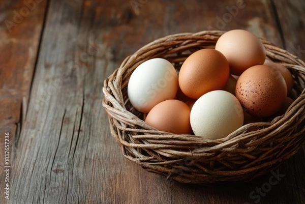 Fototapeta A rustic wooden table adorned with a woven basket brimming with fresh eggs, their vibrant hues contrasting beautifully with the earthy tones of the wood.