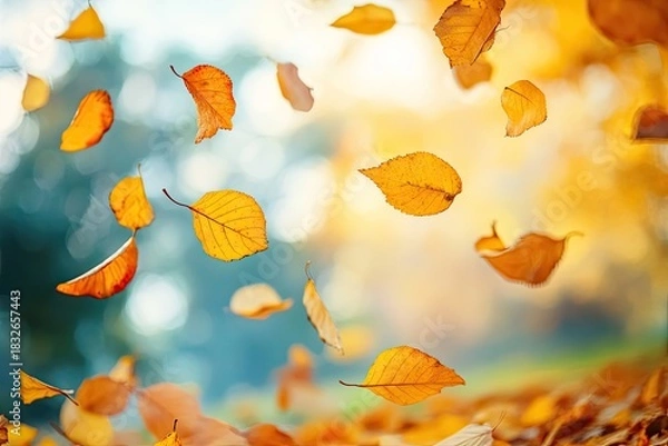 Fototapeta The vibrant autumn leaves are scattered across the ground, painting a picture of a serene day in the park.