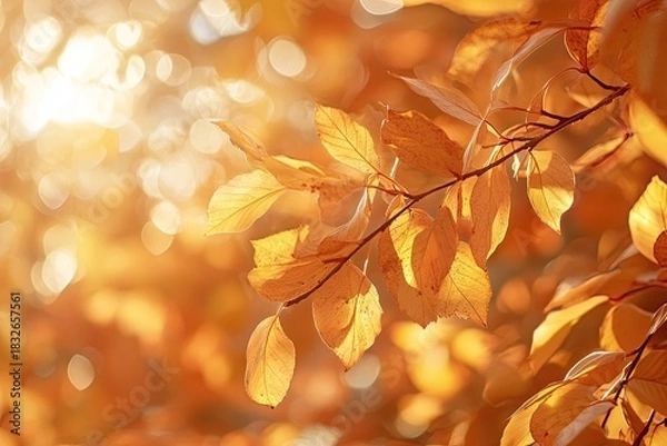 Fototapeta A vibrant autumn scene with a tree adorned with orange leaves, set against a backdrop of a clear blue sky.