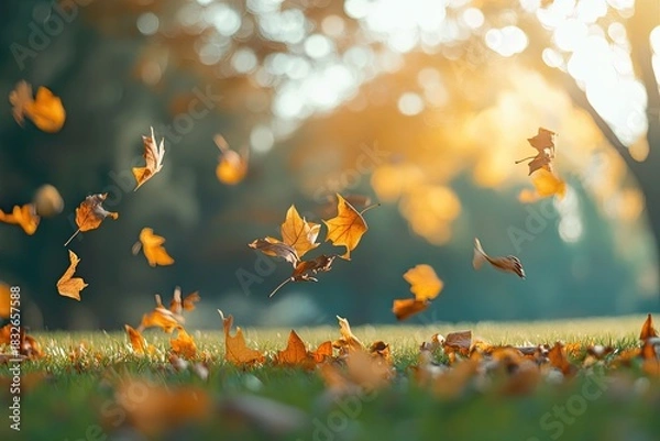 Fototapeta A serene autumn scene with a grassy field dotted with fallen leaves, set against a backdrop of trees and a clear blue sky.