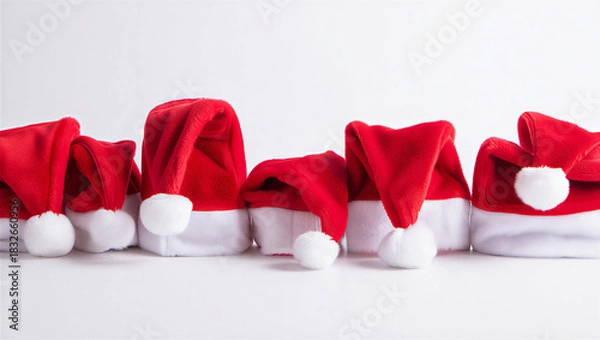Fototapeta Horizontal row of multiple red and white Santa hats, arranged in various dynamic poses.