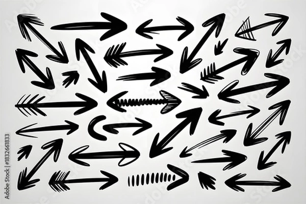 Fototapeta Collection of hand drawn black ink arrows pointing in various directions