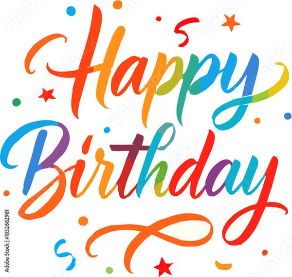 Obraz Colorful Happy Birthday typography with confetti and stars vector  for greeting cards and party decorations isolated 