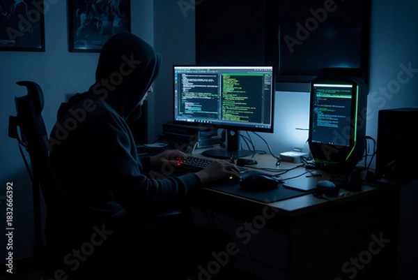 Fototapeta Hooded Programmer Working at Multiple Computer Screens in a Dark Room Focused on Coding and Cybersecurity